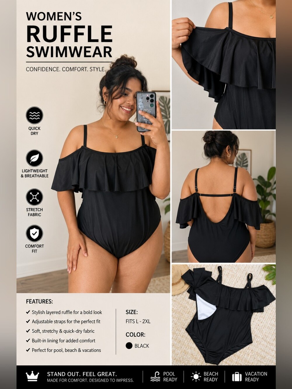 Black Ruffle Off-Shoulder One-Piece Swimsuit - Women's Swim
